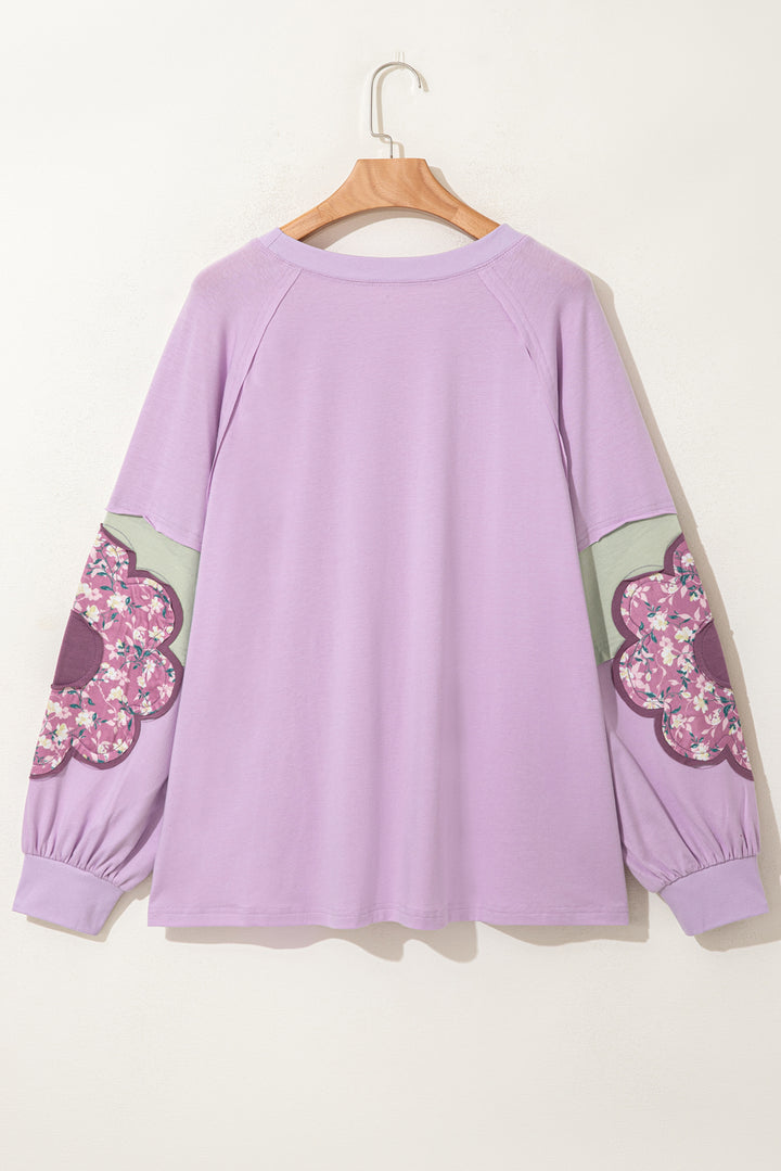 Phalaenopsis Flower Patch Colorblock Plus Size Pullover Top