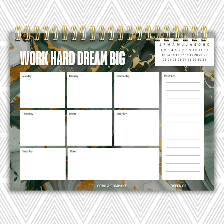 Work Hard Dream Big Weekly Desk Planner | Undated Self-Love Weekly Planner
