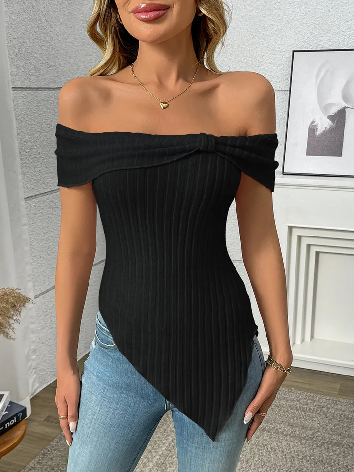 Ribbed Off-Shoulder Asymmetrical Hem T-Shirt
