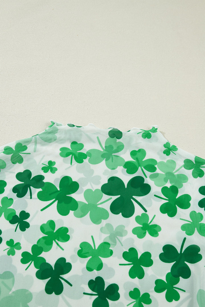 Green Lucky Shamrock Lettuce Trim High Neck Mesh Long Sleeve Top