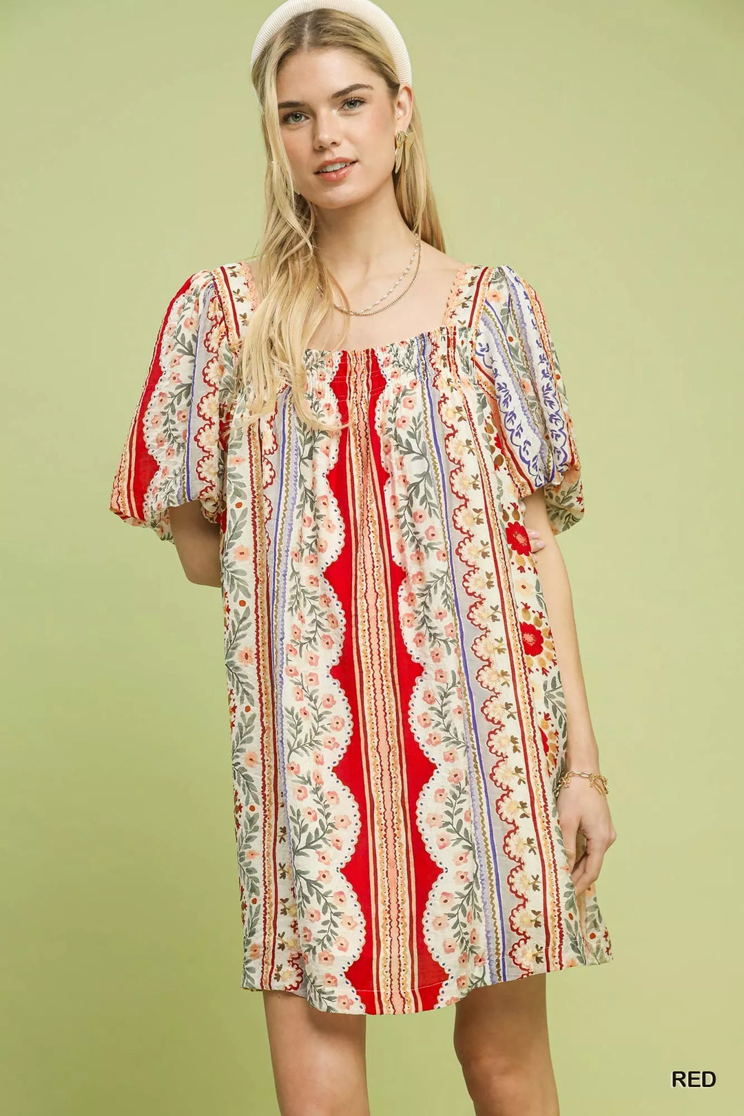 Umgee Mixed Print Puff Sleeve Mini Dress