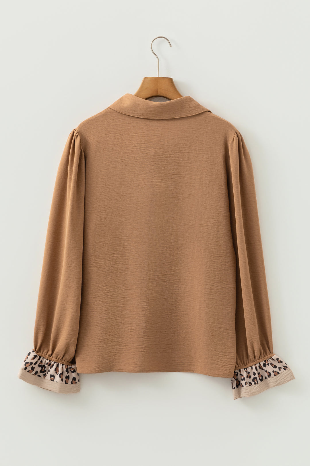 Camel Contrast Leopard Print Patchwork Polo Collar Buttons Front Ruffled Long Sleeve Blouse