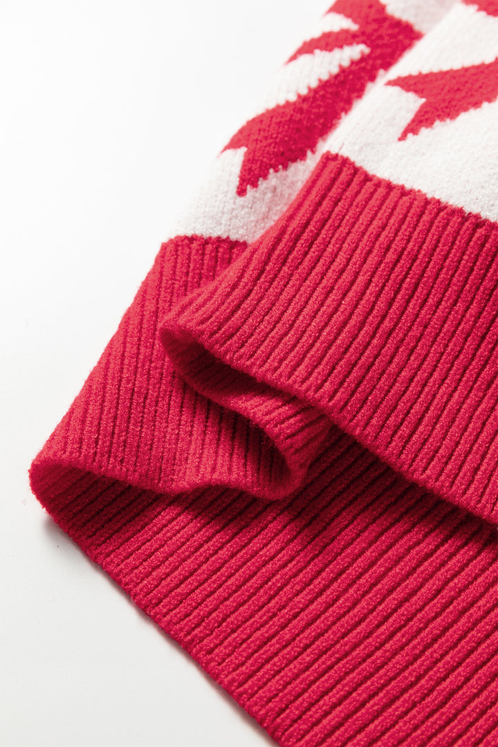 Red Bow Print 2-tone Rhombus Knit Loose Sweater