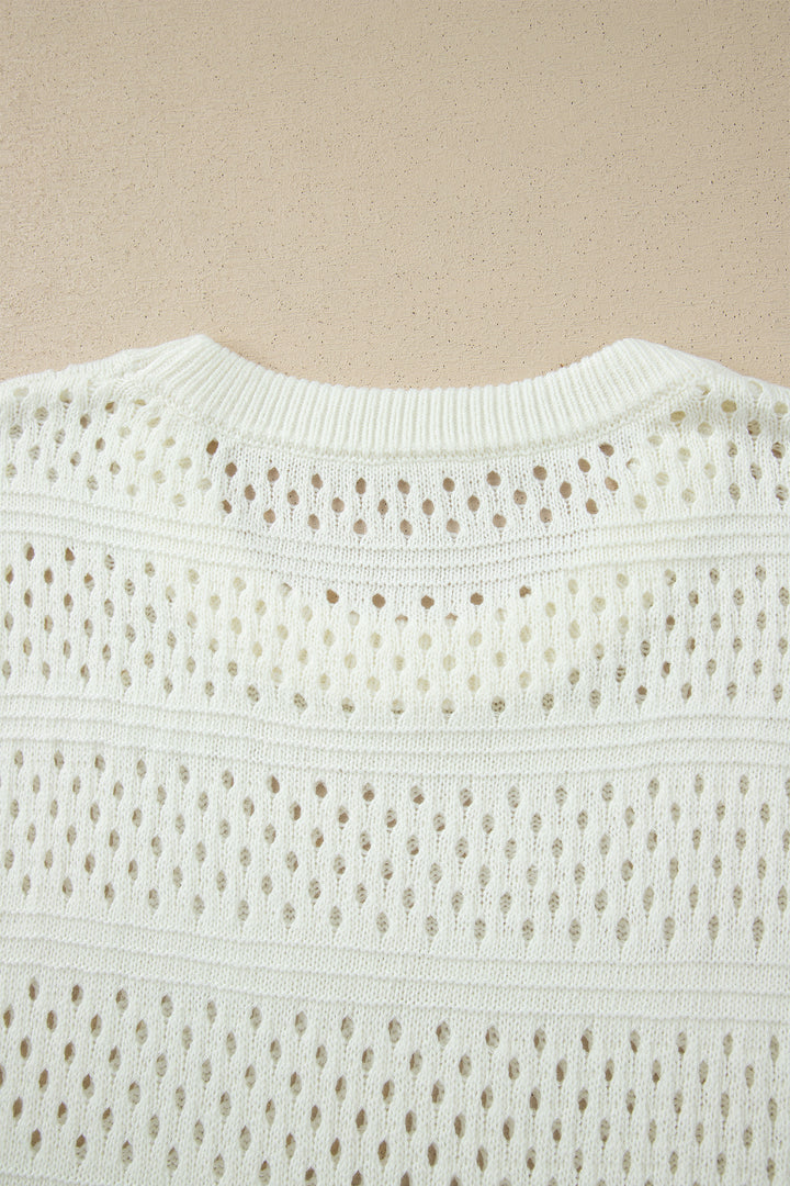 White Plus Size Eyelet Hollow Out Knit Ribbed Trim Short Sleeve Dolman Sweater