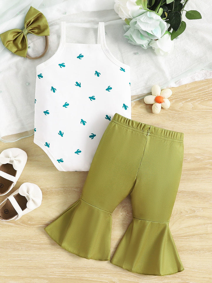 Children's Printed Bodysuit & Flare Leg Pants & Headband 3-Piece Set
