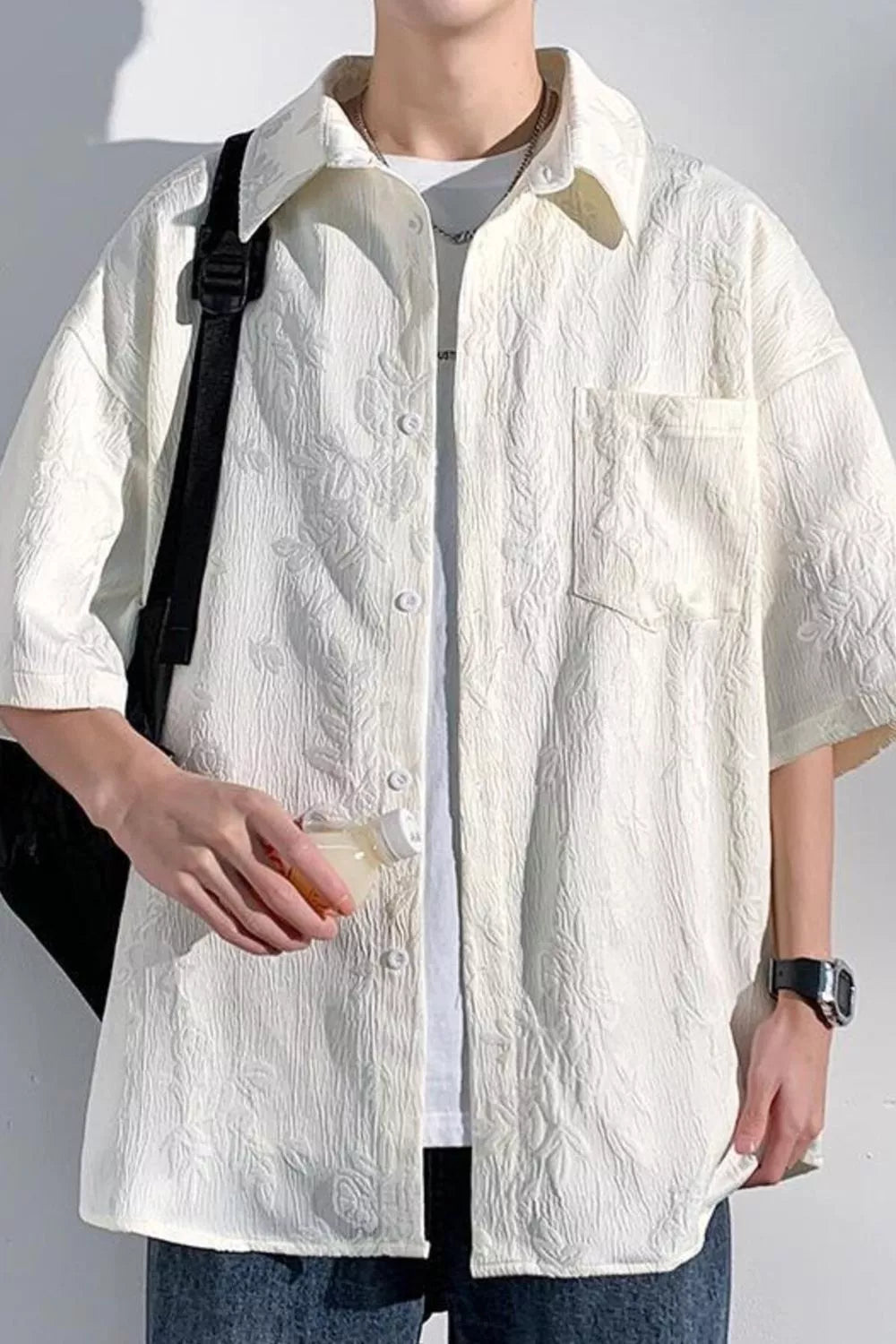 Men's Plus Size Floral Jacquard Short Sleeve Shirt