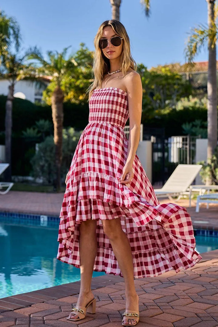 BiBi Smocked Body Off Shoulder Check Dress