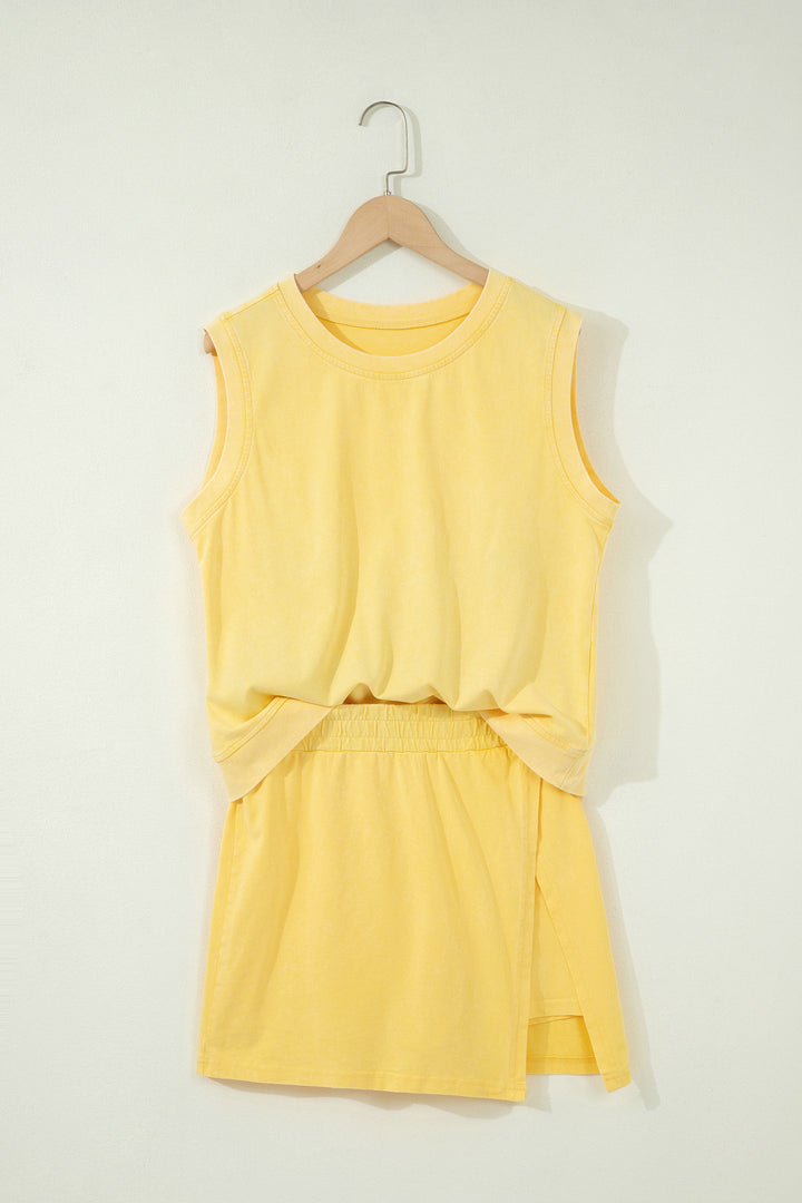 Yellow Cream 2 Pieces Mineral Wash Cotton Tank Top Lined Split Skort Set
