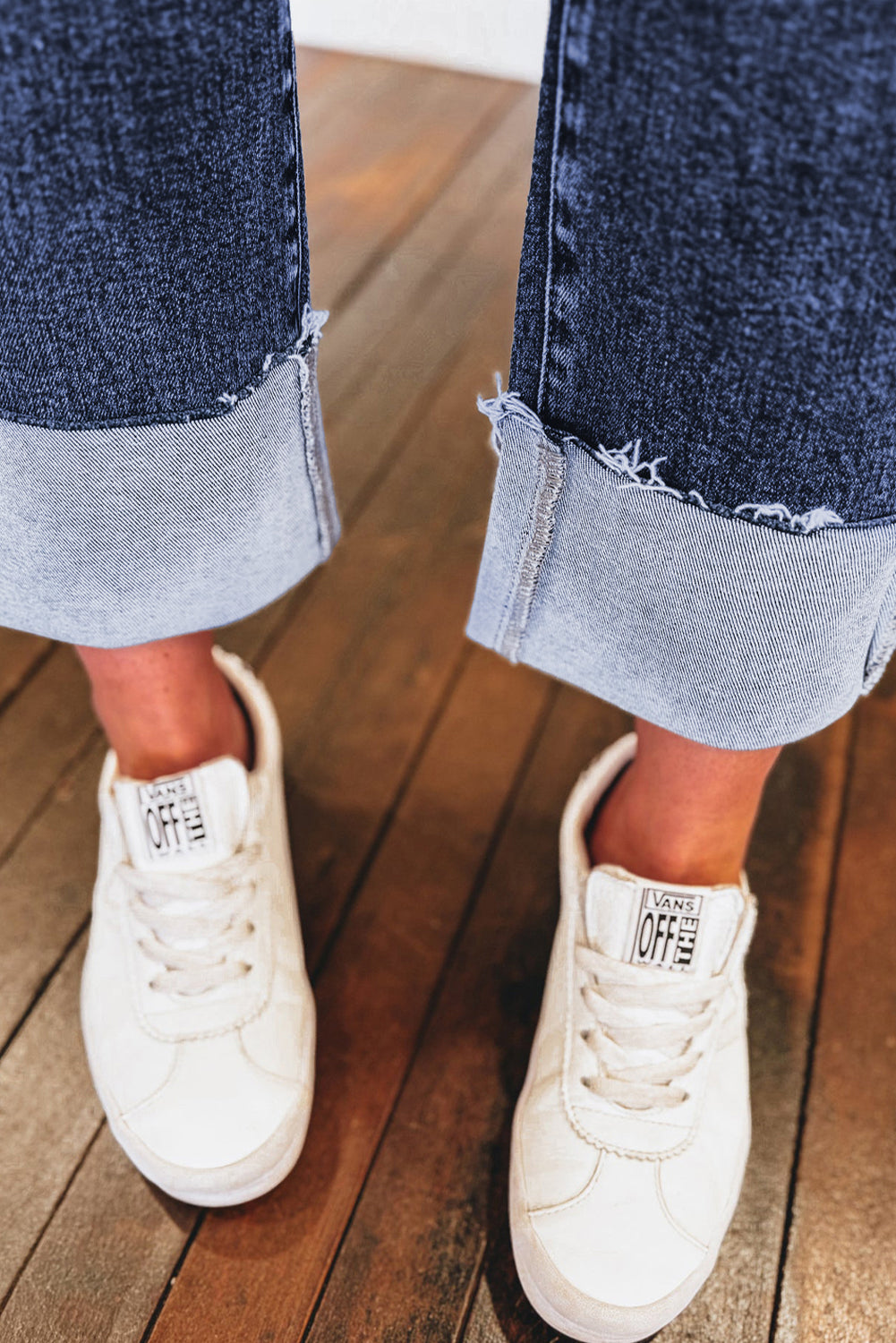 Real Teal Folded Cuffs Distressed Straight High Waist Jeans