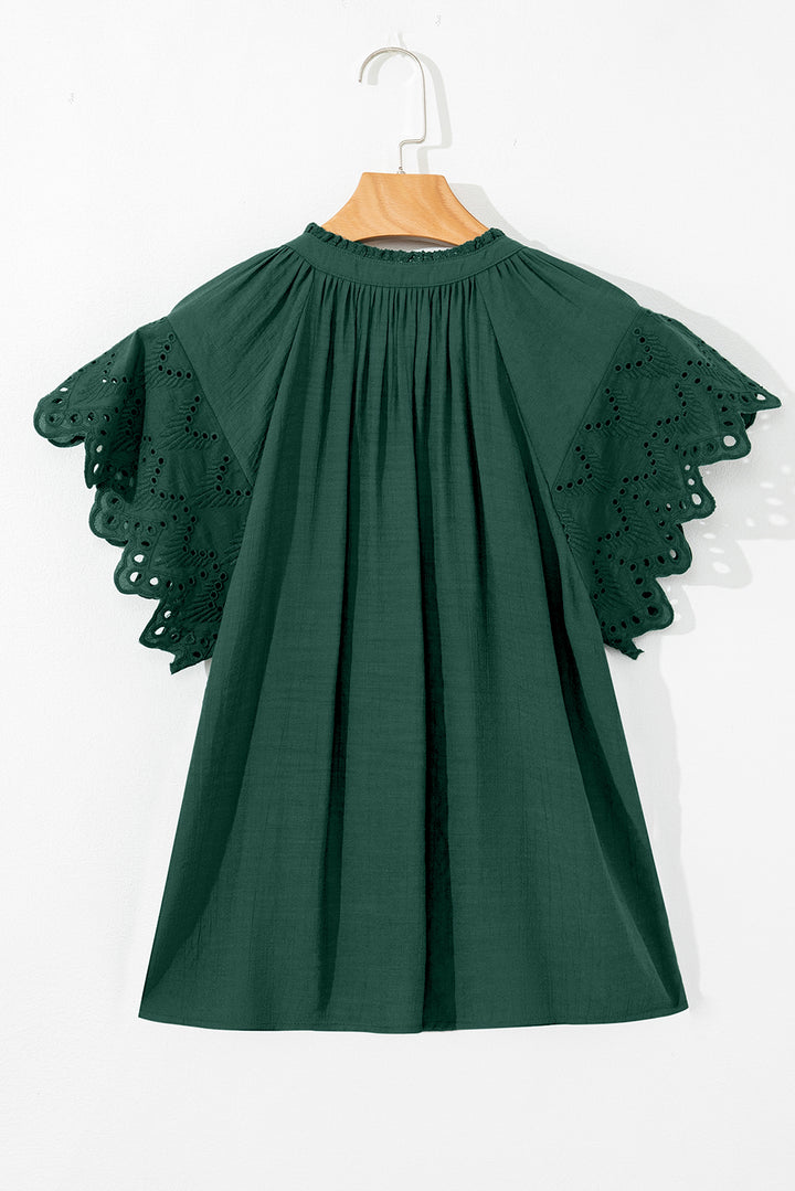 Green Bay 孔眼刺繡袖繫帶 V 領襯衫