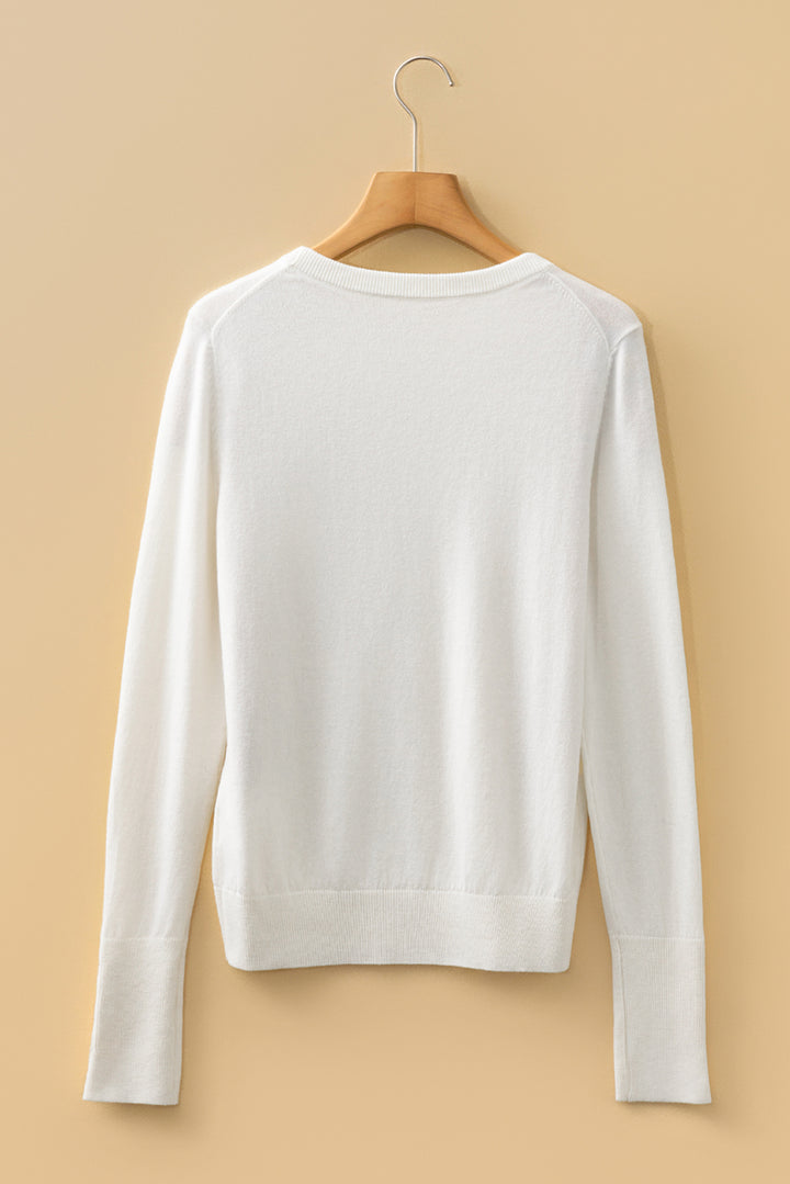 White Button Split Cuffs Round Neck Slim Sweater