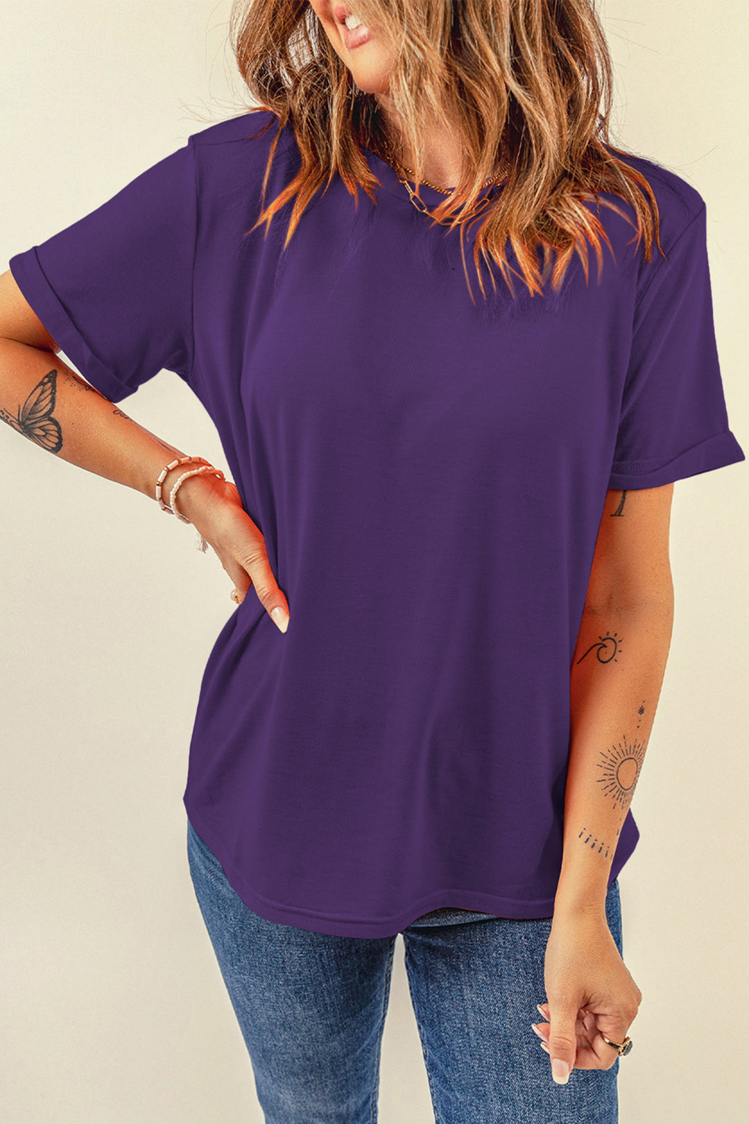 Tillandsia Purple Casual Plain Crew Neck Tee