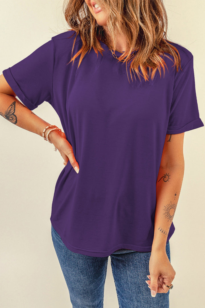 Tillandsia Purple Casual Plain Crew Neck Tee