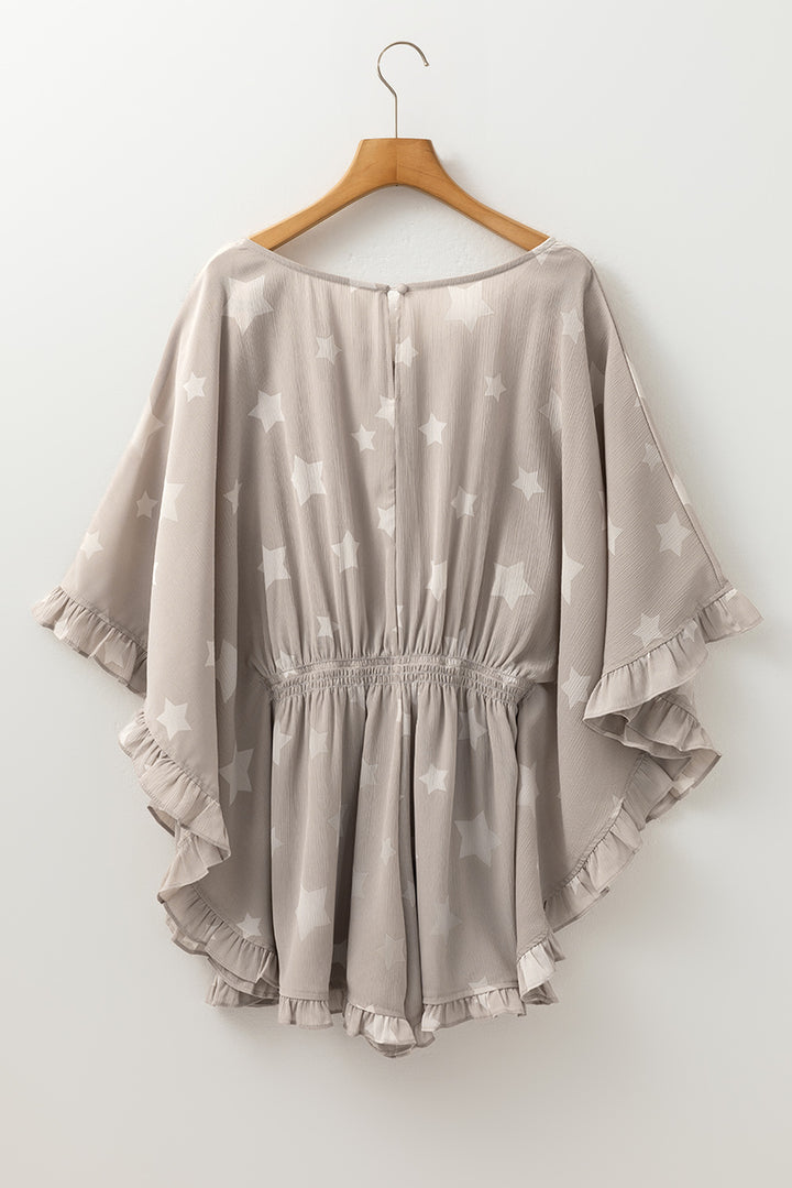 Gray Star Print Crinkle Textured Kimono Ruffle Sleeve Romper