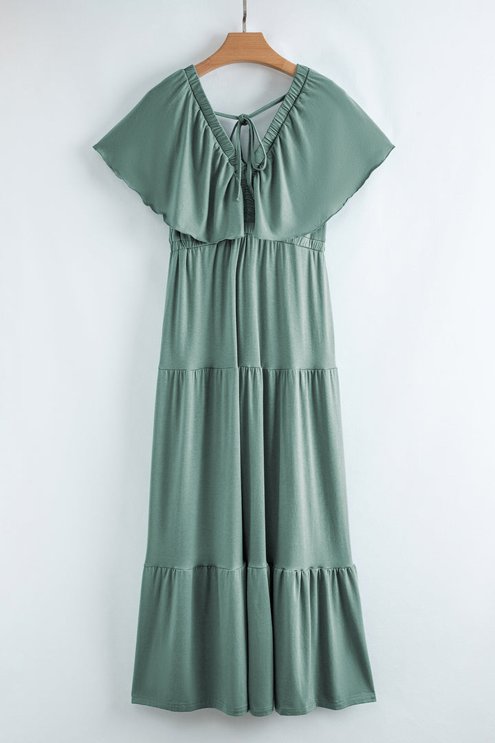 Green Textured V Neck Flutter Sleeve Ruffled Maxi Dress