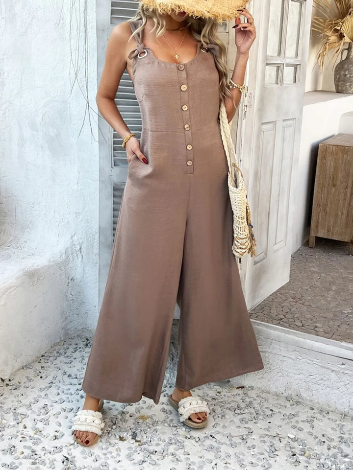 Devine Button Front Knotted Strap Wide Leg Jumpsuit