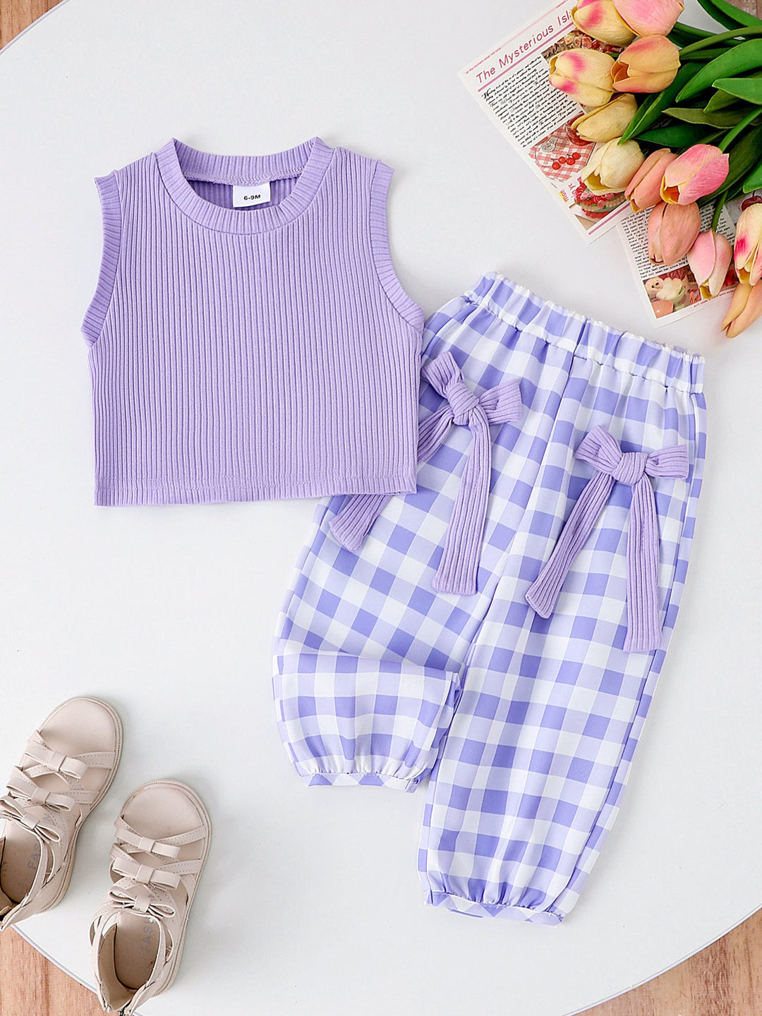 Children's Ribbed Tank Top and Plaid Pants Set with Bows