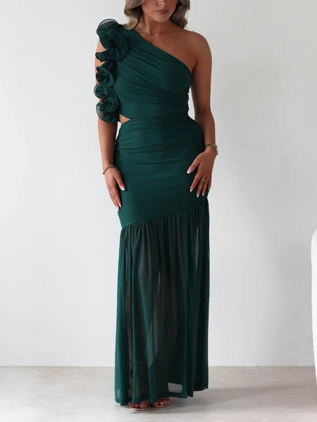 One-Shoulder Ruffle Trim Maxi Dress