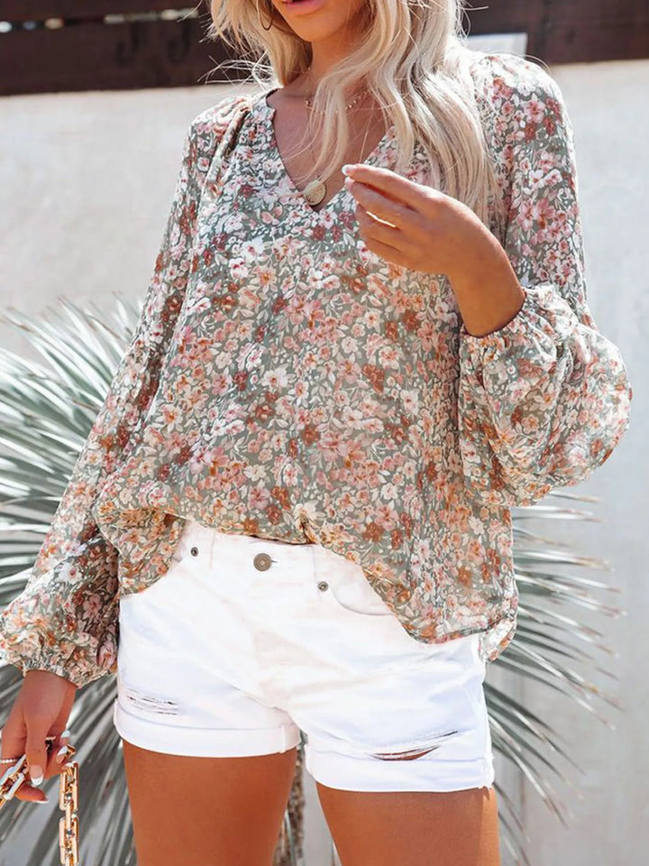 Full Size Floral Print V-Neck Long Sleeve Blouse Plus Size