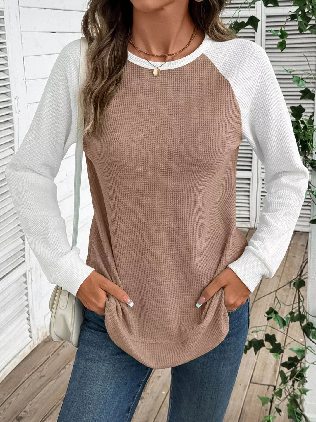 Contrast Raglan Sleeve Waffle Knit T-Shirt