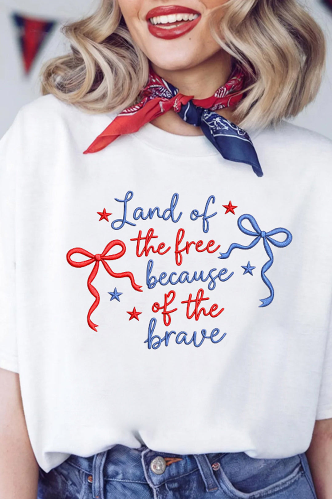 White Land of the free because of the brave Embroidered T Shirt