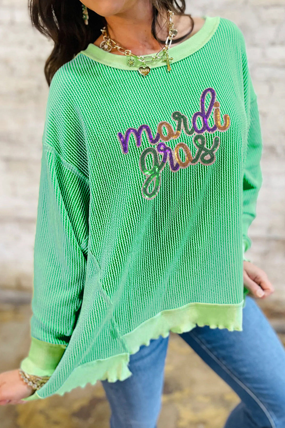 Bright Green Twisted Ribbed mardi gras Sequin Graphic Exposed Seam Patchwork Pullover Top