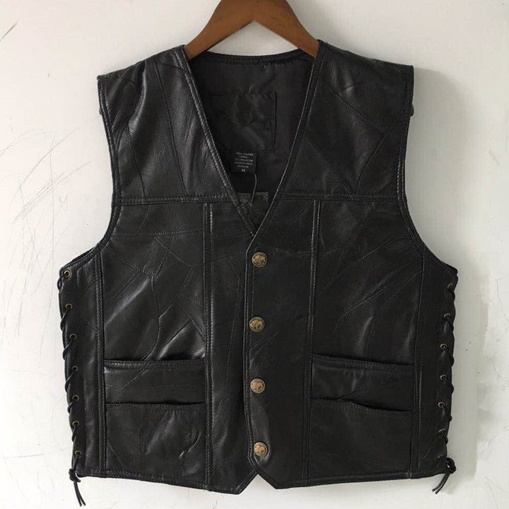 Classic Leather Biker Vest Mens WaistcoatPatchwork Sleeveless Jacket