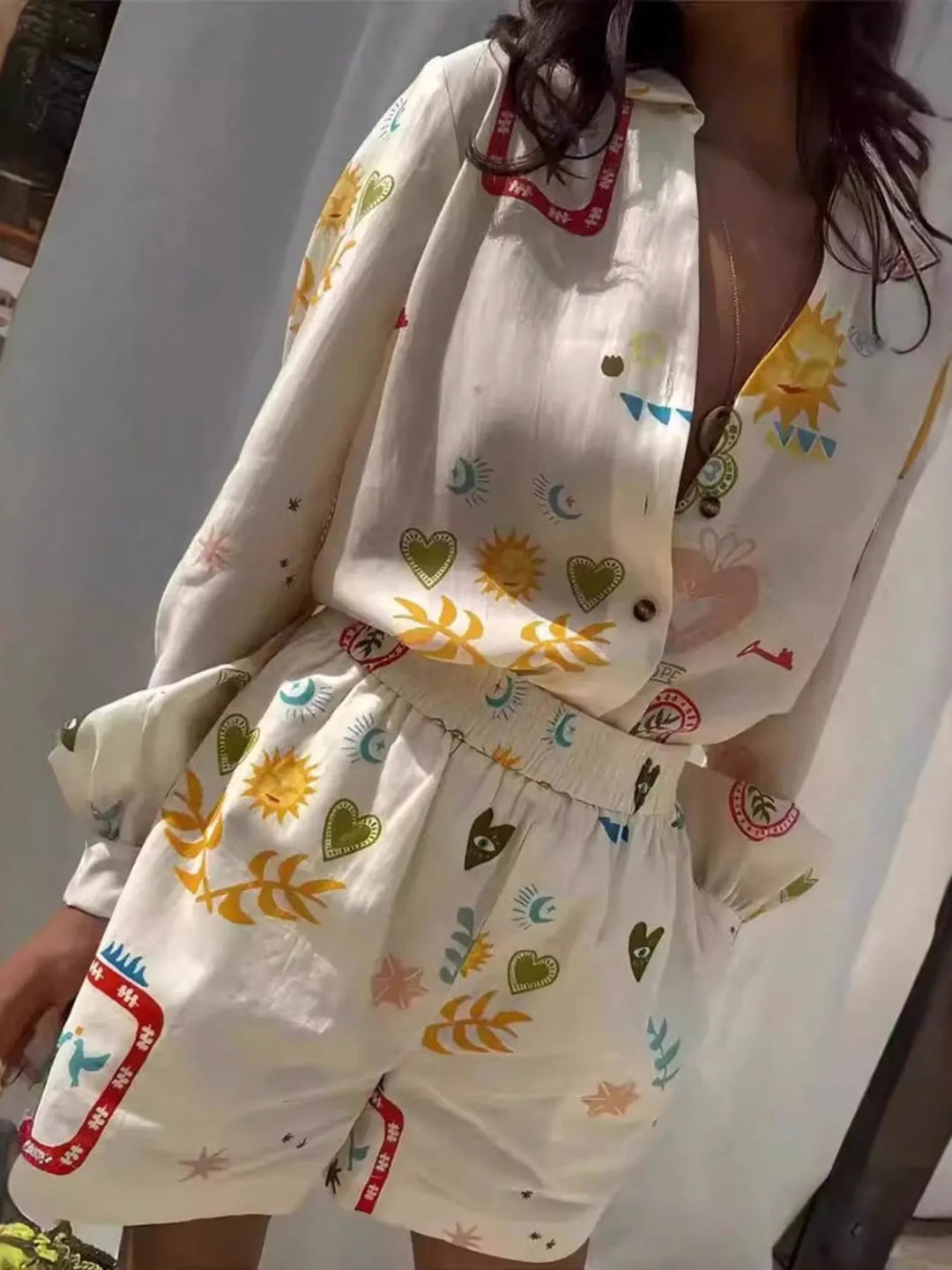Button Up Long Sleeve Shirt and Shorts Set