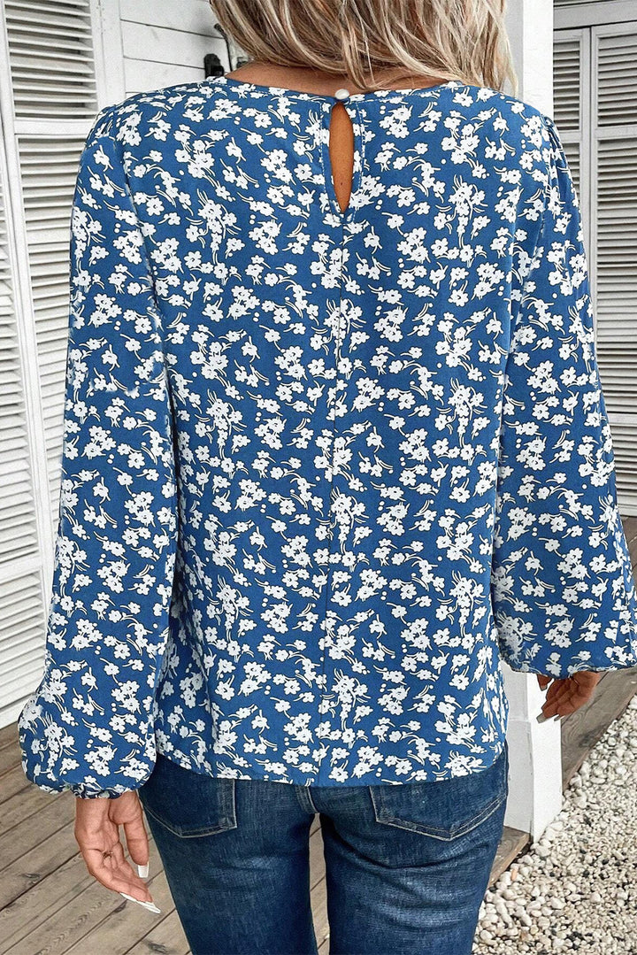 藍色碎花燈籠袖襯衫