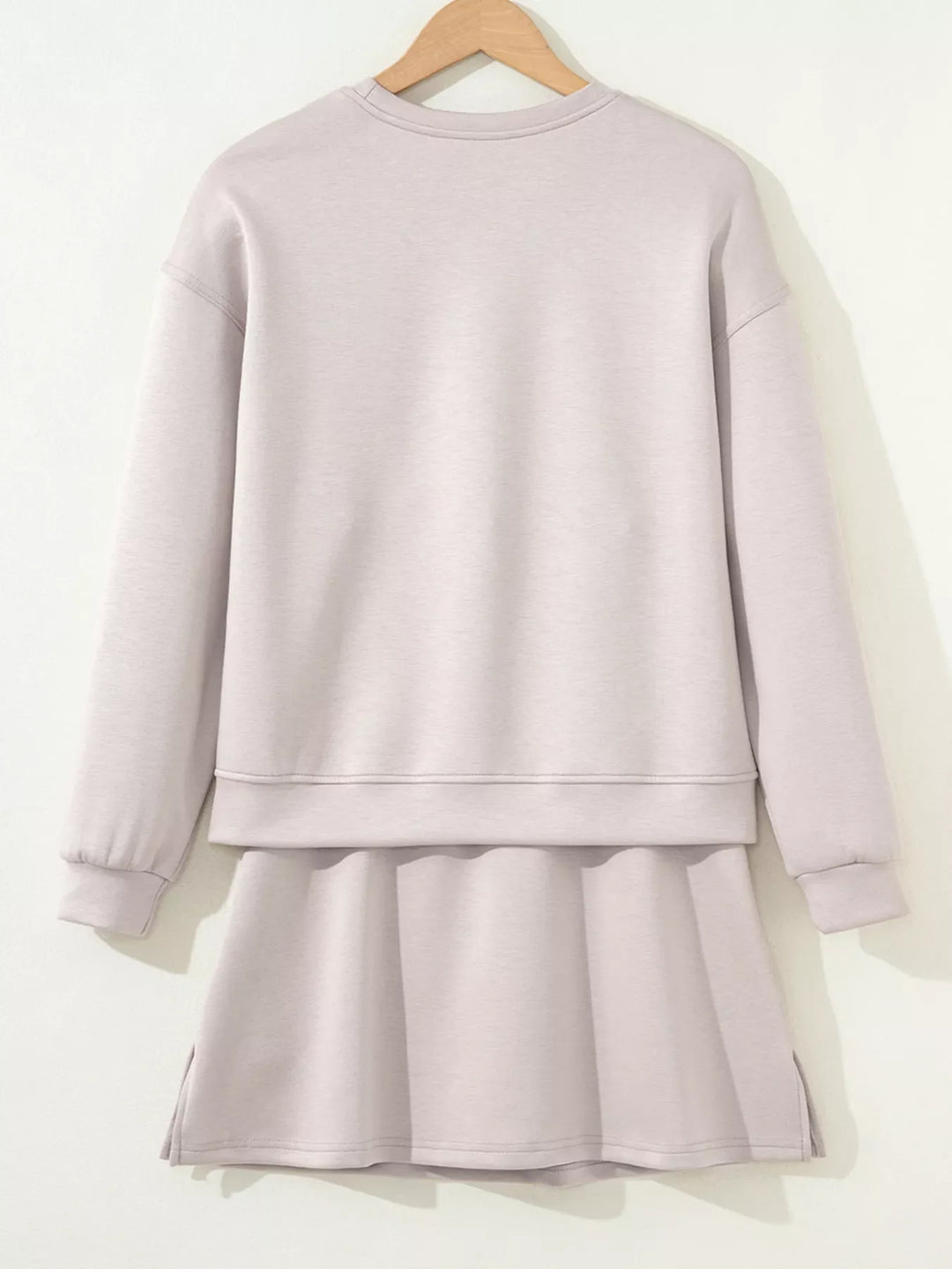 Solid Color Drop Shoulder Pullover and Drawstring Mini Skirt 2pcs Outfit