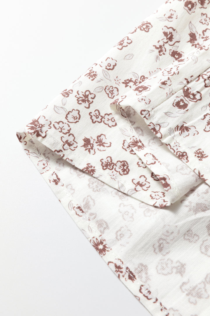 White Bow Tie Front Floral Print Flounce Sleeve Peplum Blouse