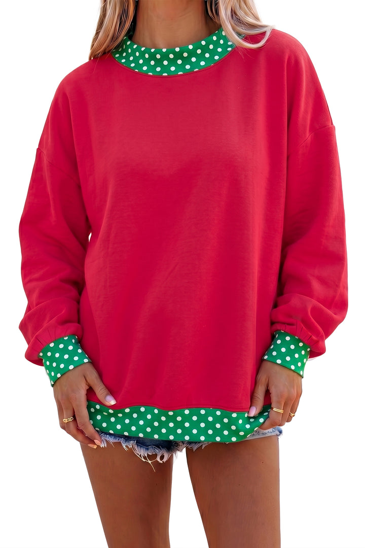 Brown Colorblock Polka Dot Contrast Trim Oversized Sweatshirt