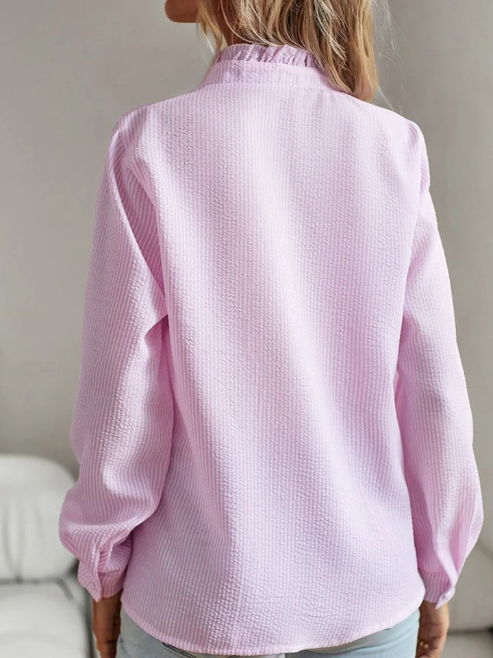 Striped Ruffle Detail Button-Up Blouse