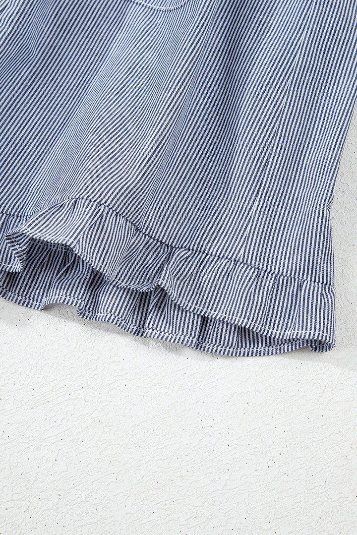Robe courte boutonnée à rayures bleues, col sans manches, poche avant, col à volants