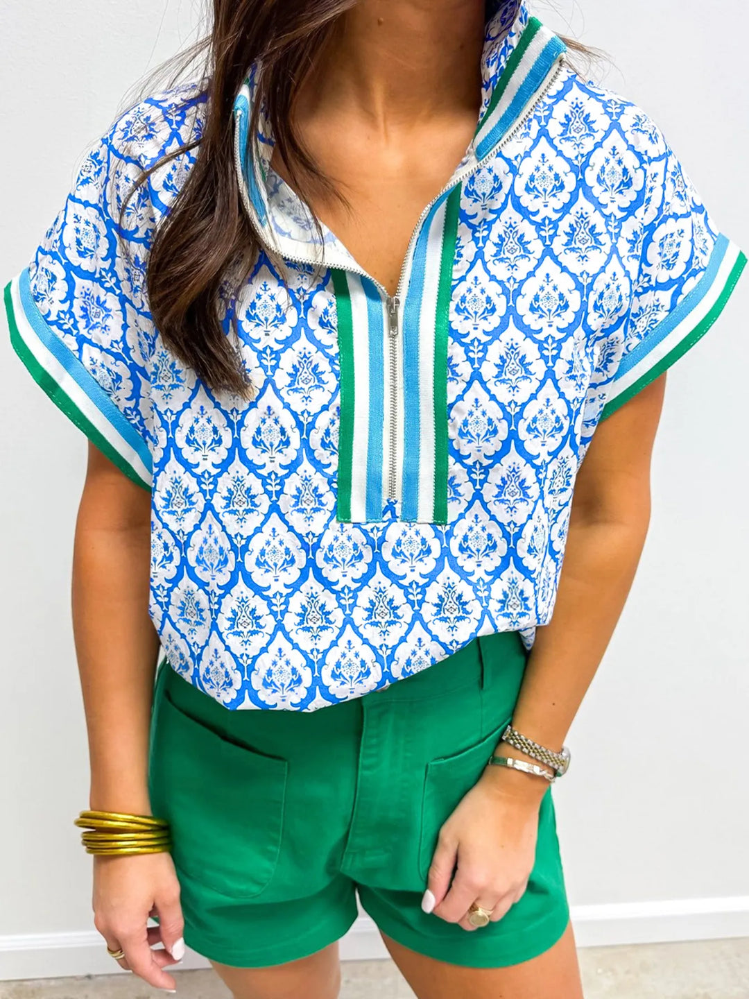 Western Print Zipped Collar Short Sleeve Summer Blouse Top