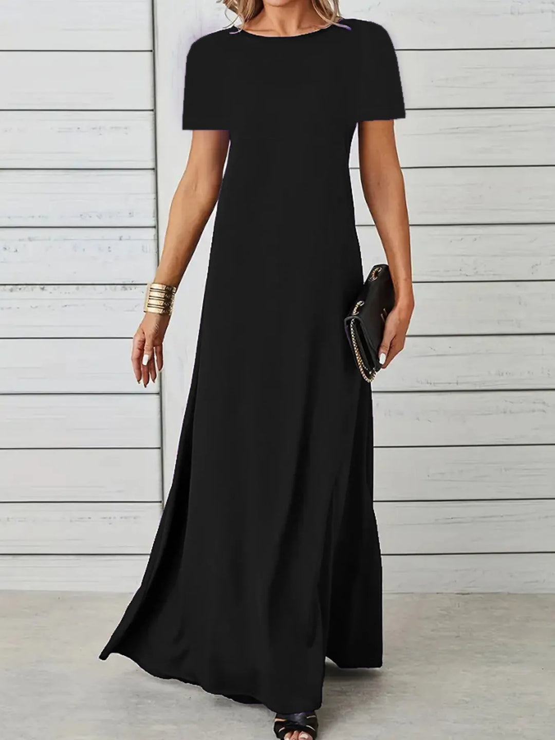 Full Size Round Neck Short Sleeve A-Line Maxi Dress Plus Size