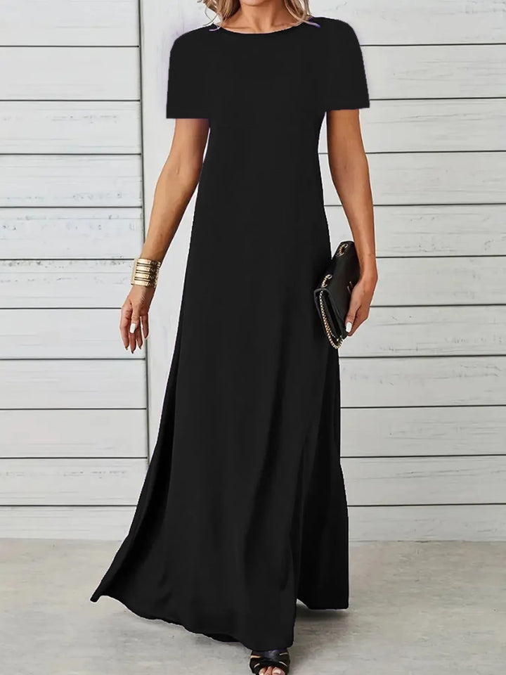 Full Size Round Neck Short Sleeve A-Line Maxi Dress Plus Size