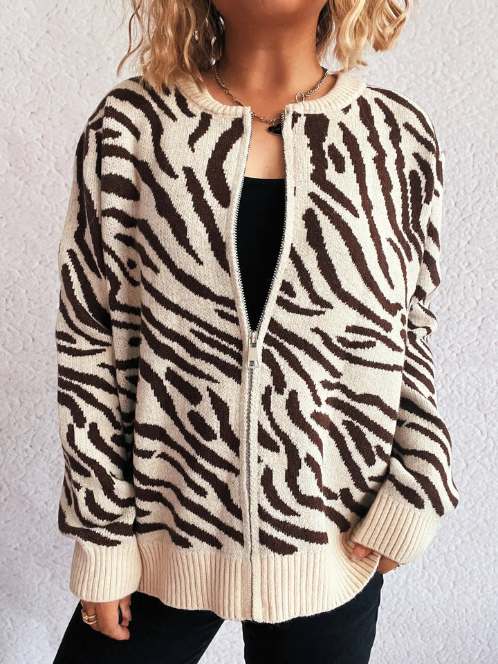 Zebra Print Zip Up Cardigan