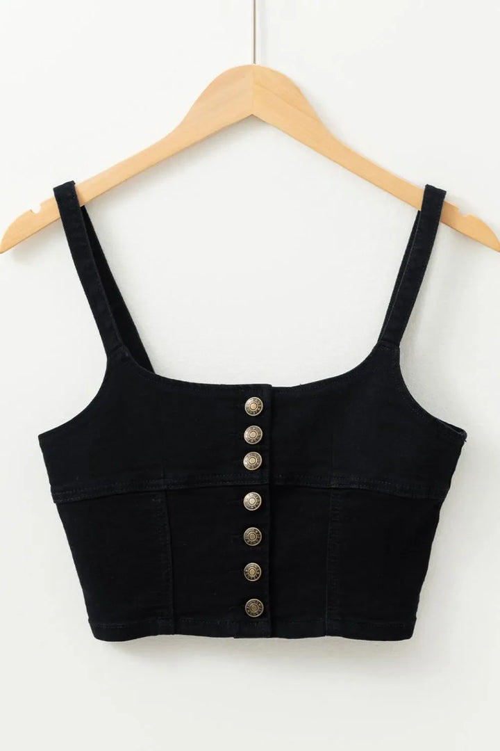 Acid Wash Buttoned Cropped Slim Denim Tank Top
