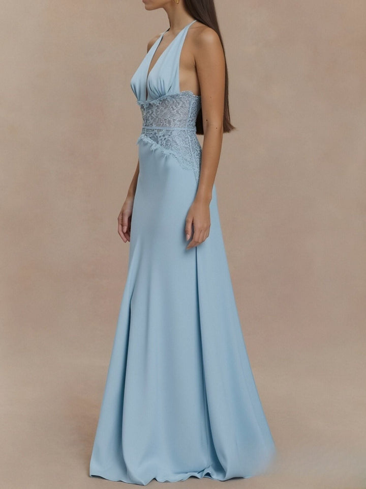 Halter Neck Lace Trimmed Maxi Dress