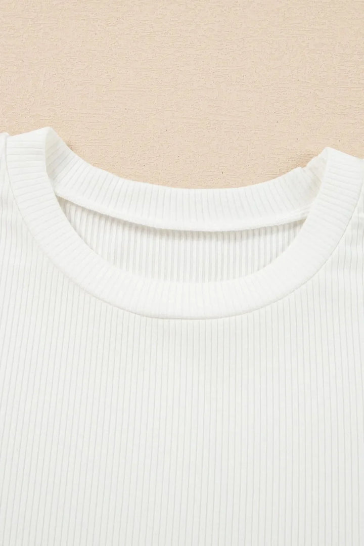 Eyelet Short Sleeve Patchwork Ribbed Top
