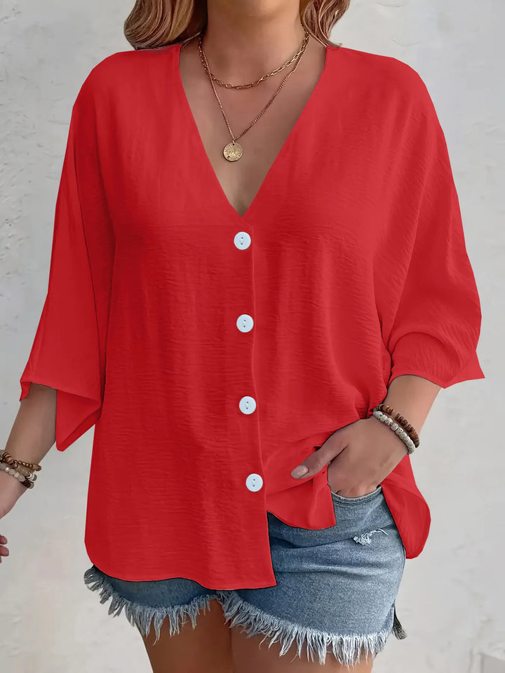Full Size Casual V-Neck Button Down Relaxed Fit Blouse Plus Size