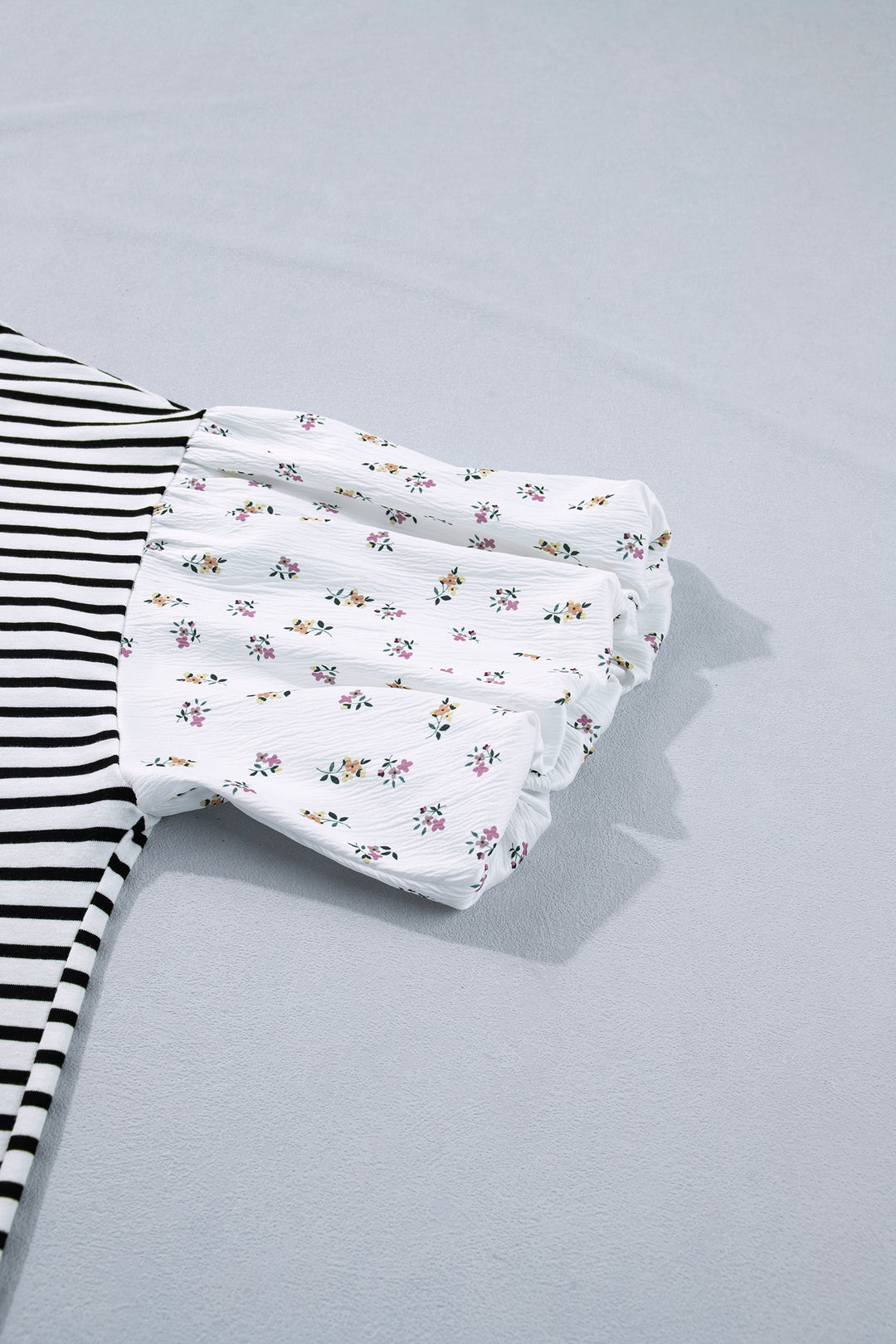 Black Stripe Plus Size Striped Short Sleeve Top with Floral Puff Sleeves