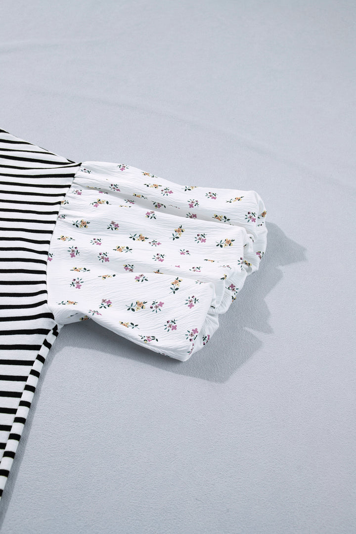 Black Stripe Plus Size Striped Short Sleeve Top with Floral Puff Sleeves