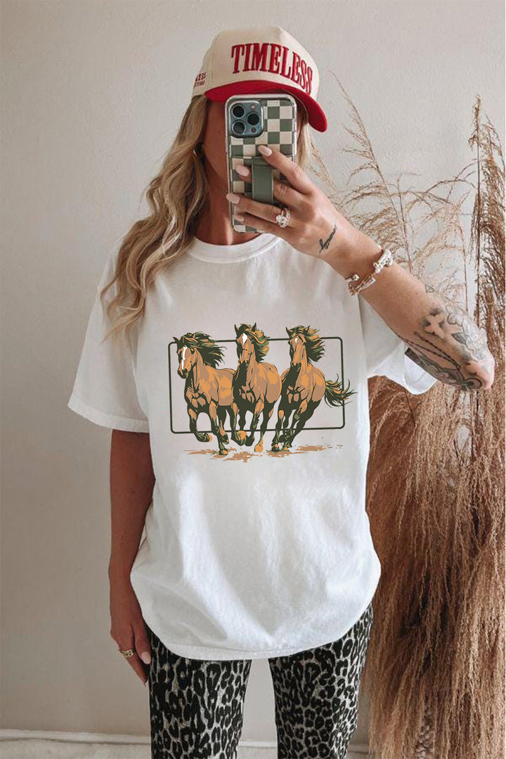 White Texas Horse Graphic Cuffed Sleeve Graphic T Shirt