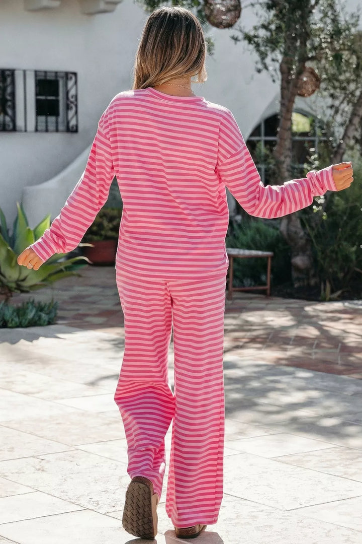 Stripe Drop Shoulder Round Neck Top and Buttoned Straight Pants Two Piece Set