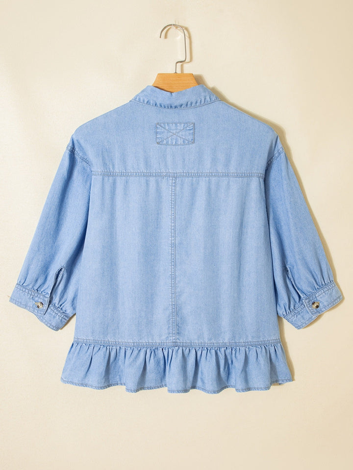Half Sleeve Button Down Ruffled High Low Chambray Shirt