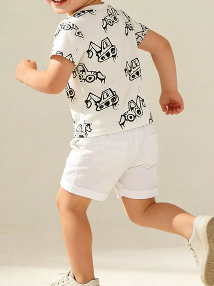 Children's Cartoon Excavator Print Short Sleeve T-Shirt