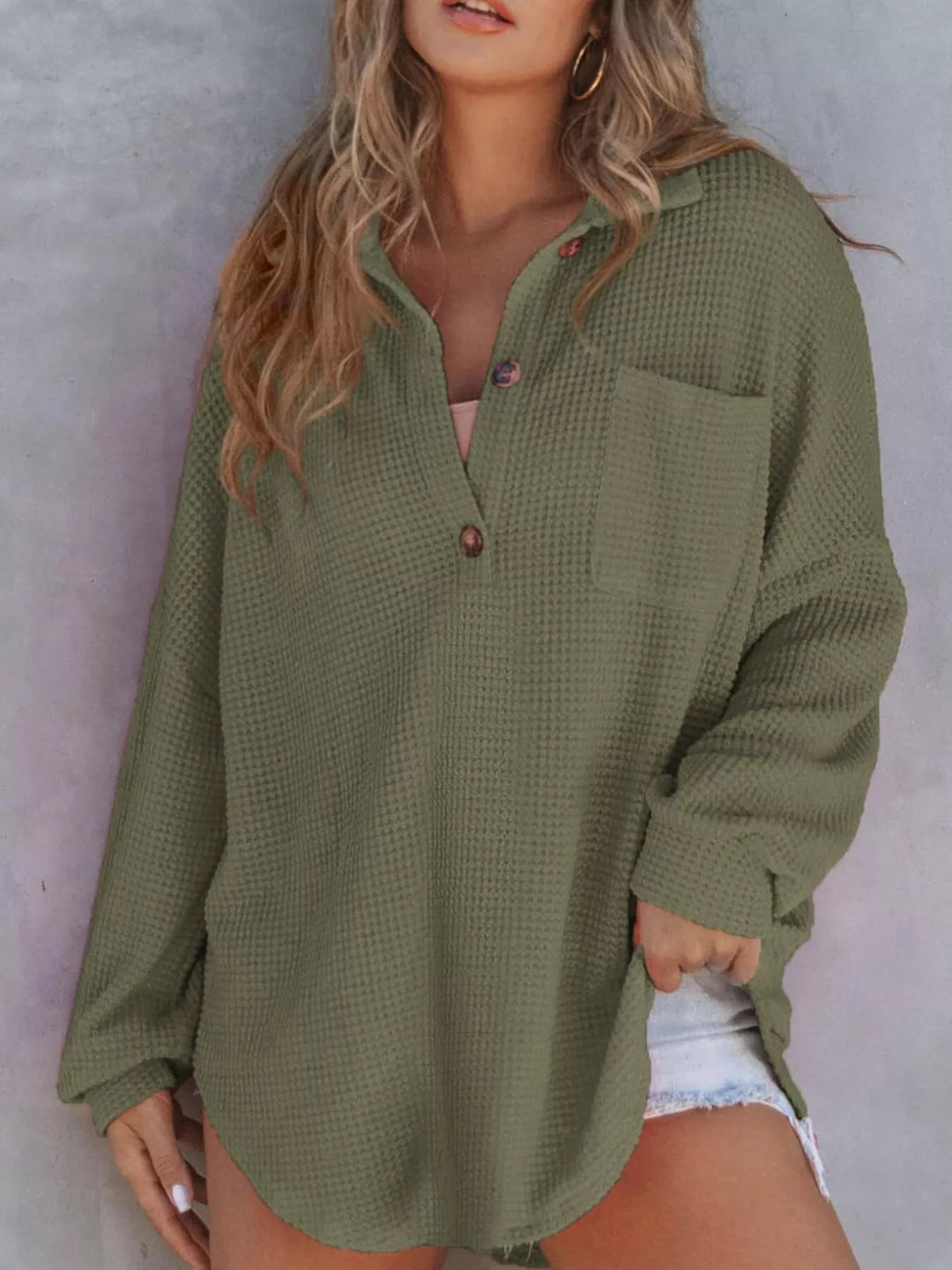 Casual Waffle Knit Button Detail Blouse