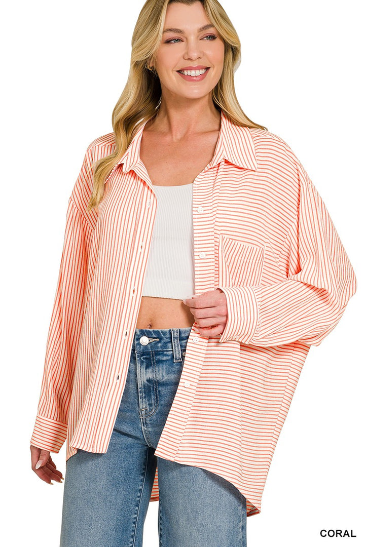 Zenana Woven Stripe Button Down Shirt